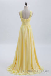 Cross Front Yellow Pleated Chiffon Long Bridesmaid Dresses